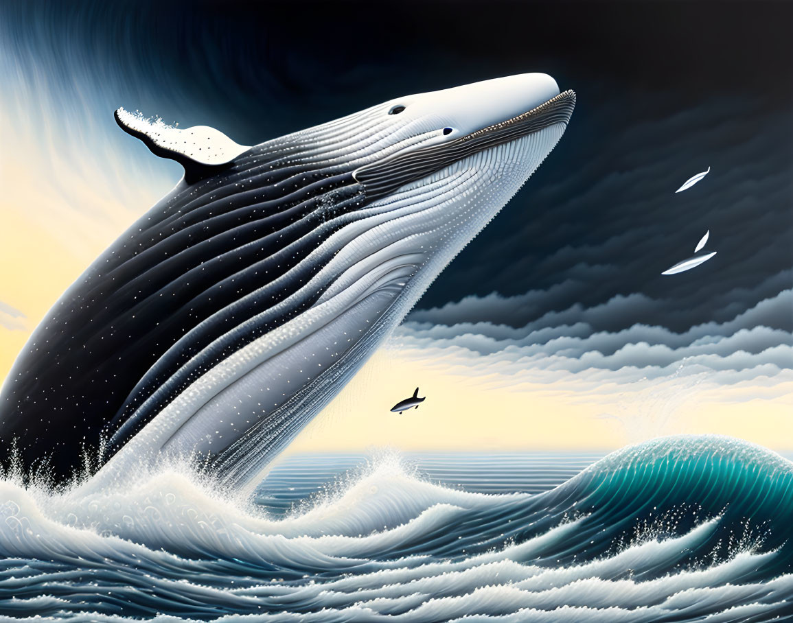 Whale leaping from ocean with seagulls in dramatic sky