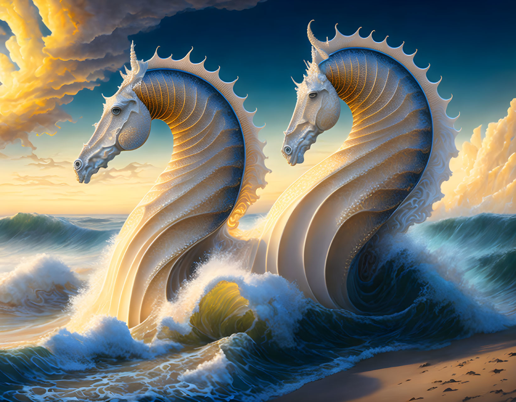 Majestic seahorse-like creatures in ocean waves under dramatic sky