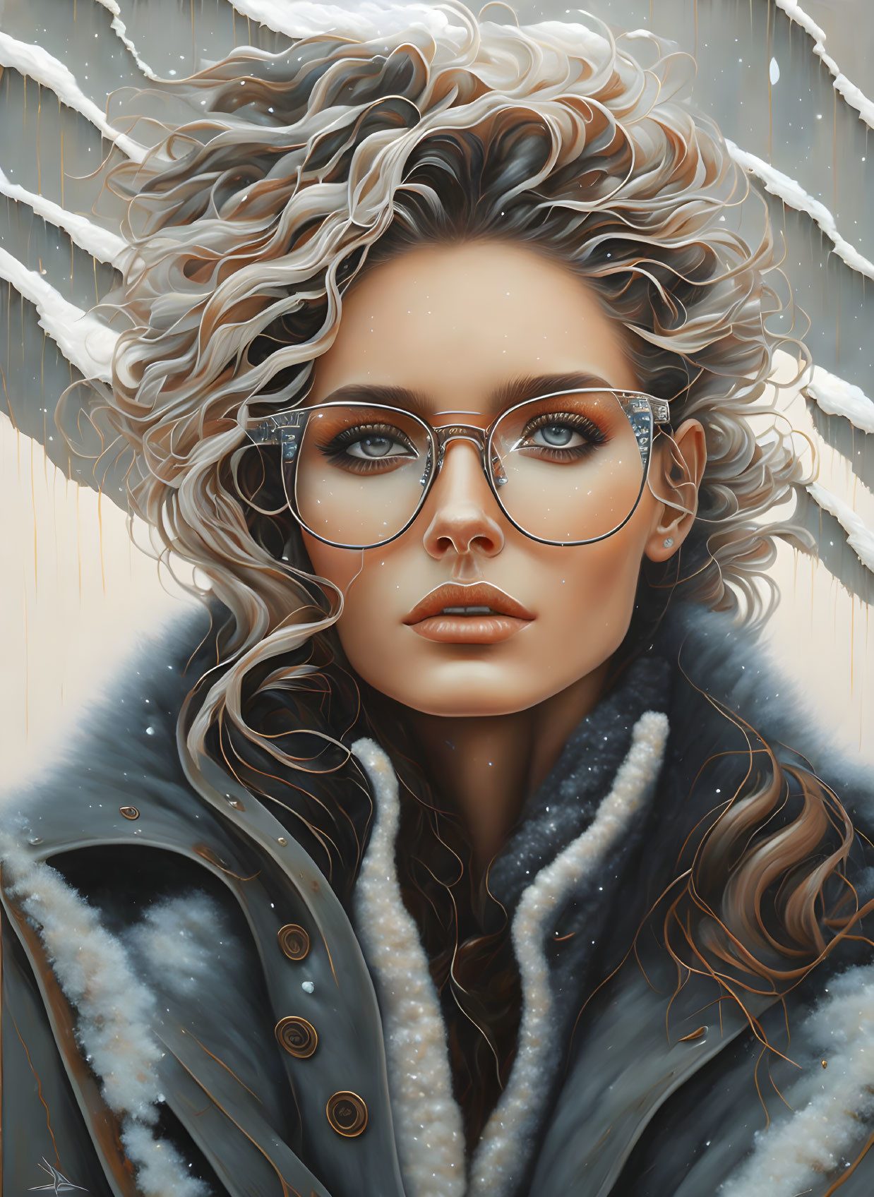 Curly-haired woman in glasses with winter coat, surrounded by snowflakes and light streaks