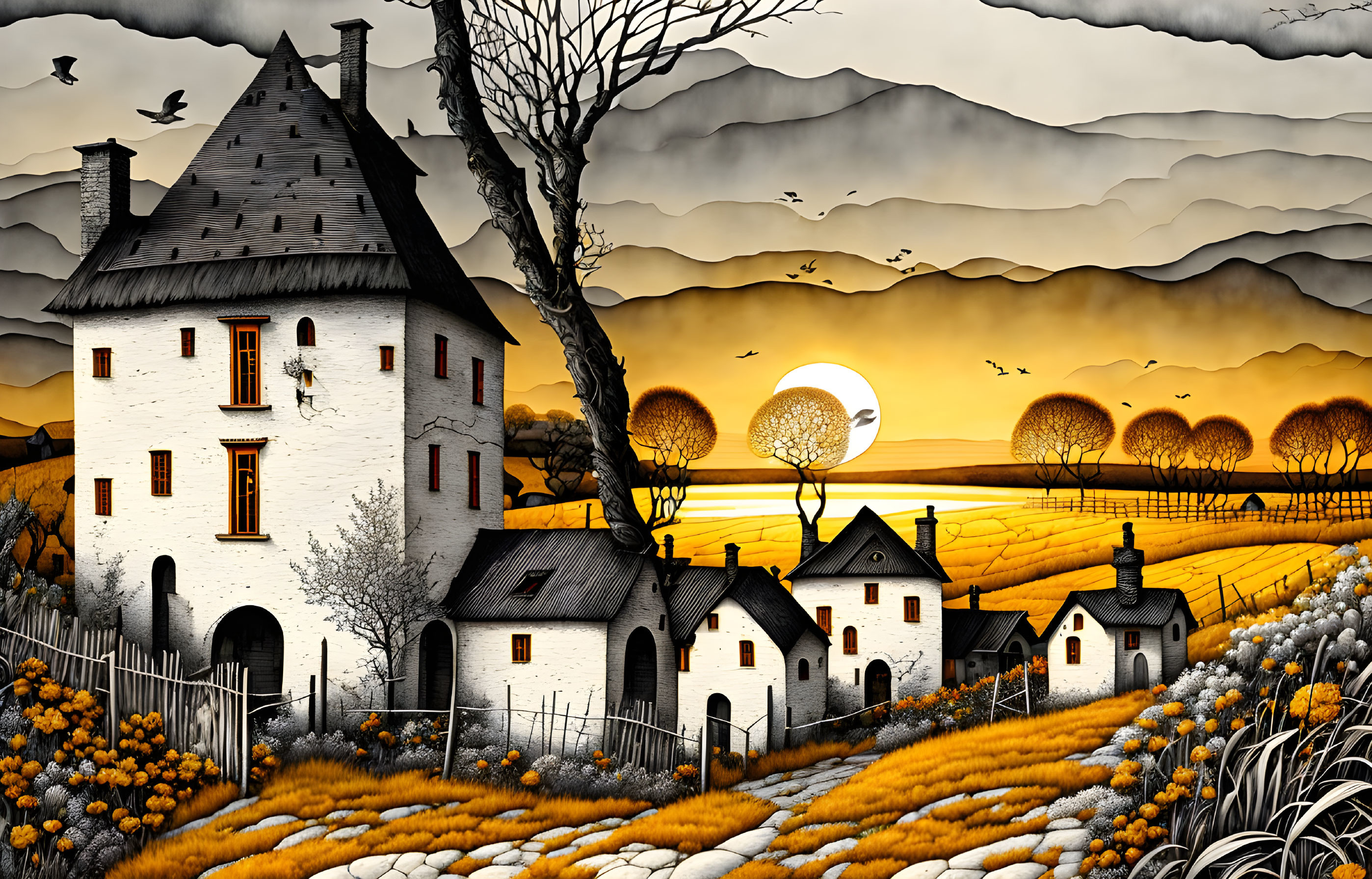 Whimsical countryside sunset scene with white tower house, bare tree, flowers, and birds