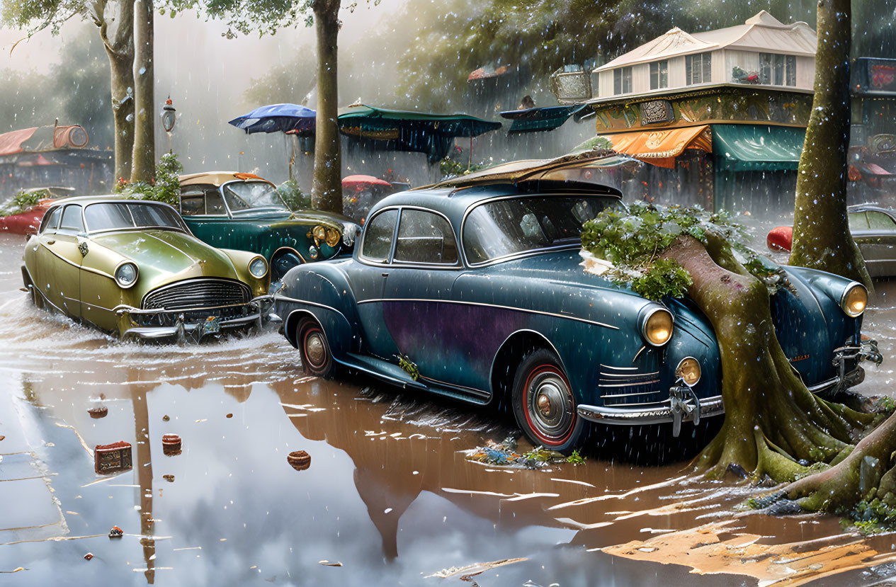 Vintage cars submerged in flooded street with tree, rainy market backdrop