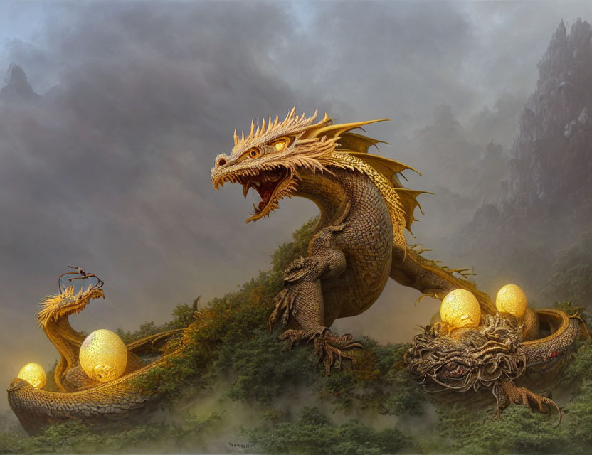 Golden Dragon Guarding Eggs in Misty Mountain Landscape