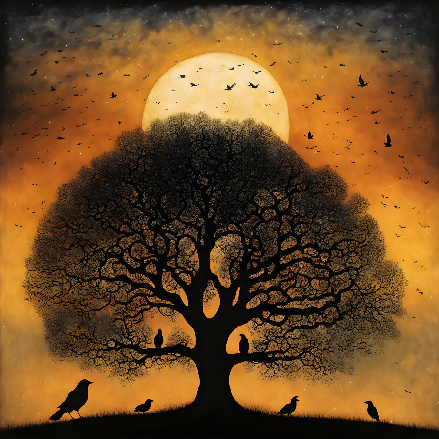 Silhouette of large tree, birds, full moon in twilight sky