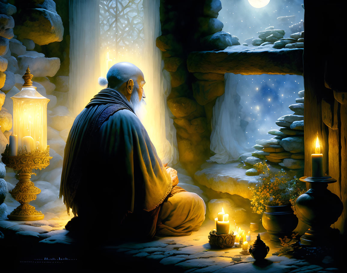 Bald monk in prayer with lantern, candles, and snowy moonlit landscape