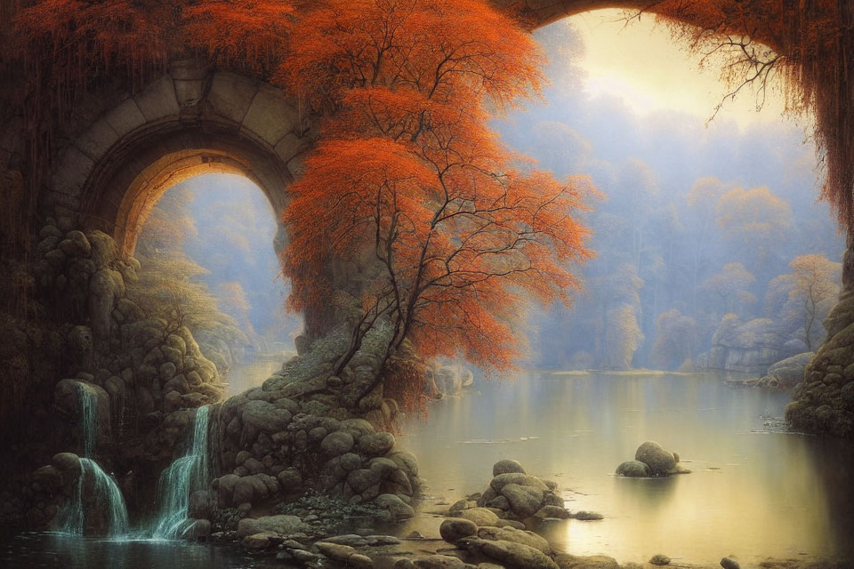 Stone bridge, waterfalls, autumn tree in misty landscape