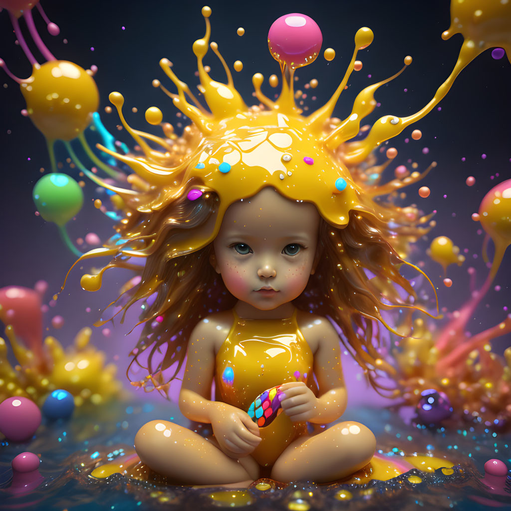 Colorful digital artwork: Child with liquid crown and spheres on blue background