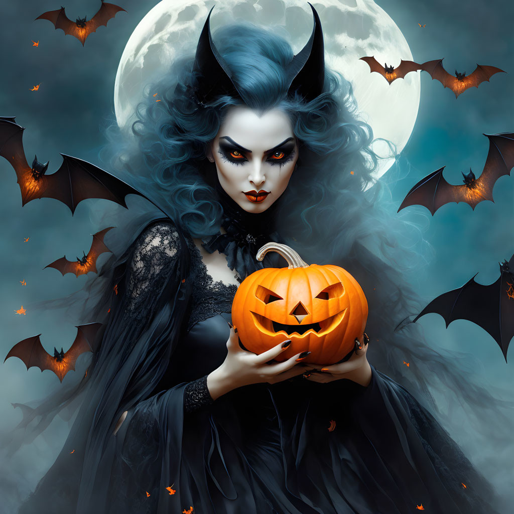 Woman with dark makeup and horned headpiece holding a carved pumpkin under a full moon.