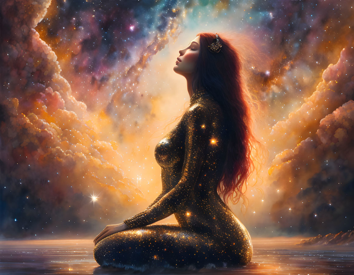 Red-haired woman with starry skin in cosmic background