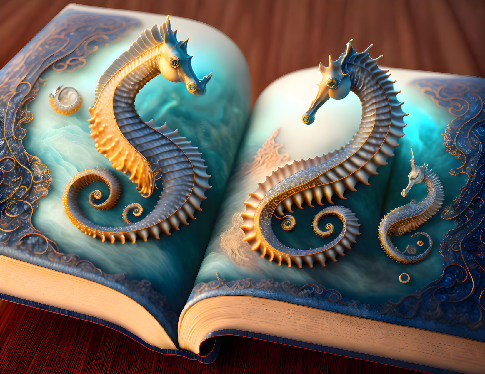 Open book with golden seahorses on aquamarine background