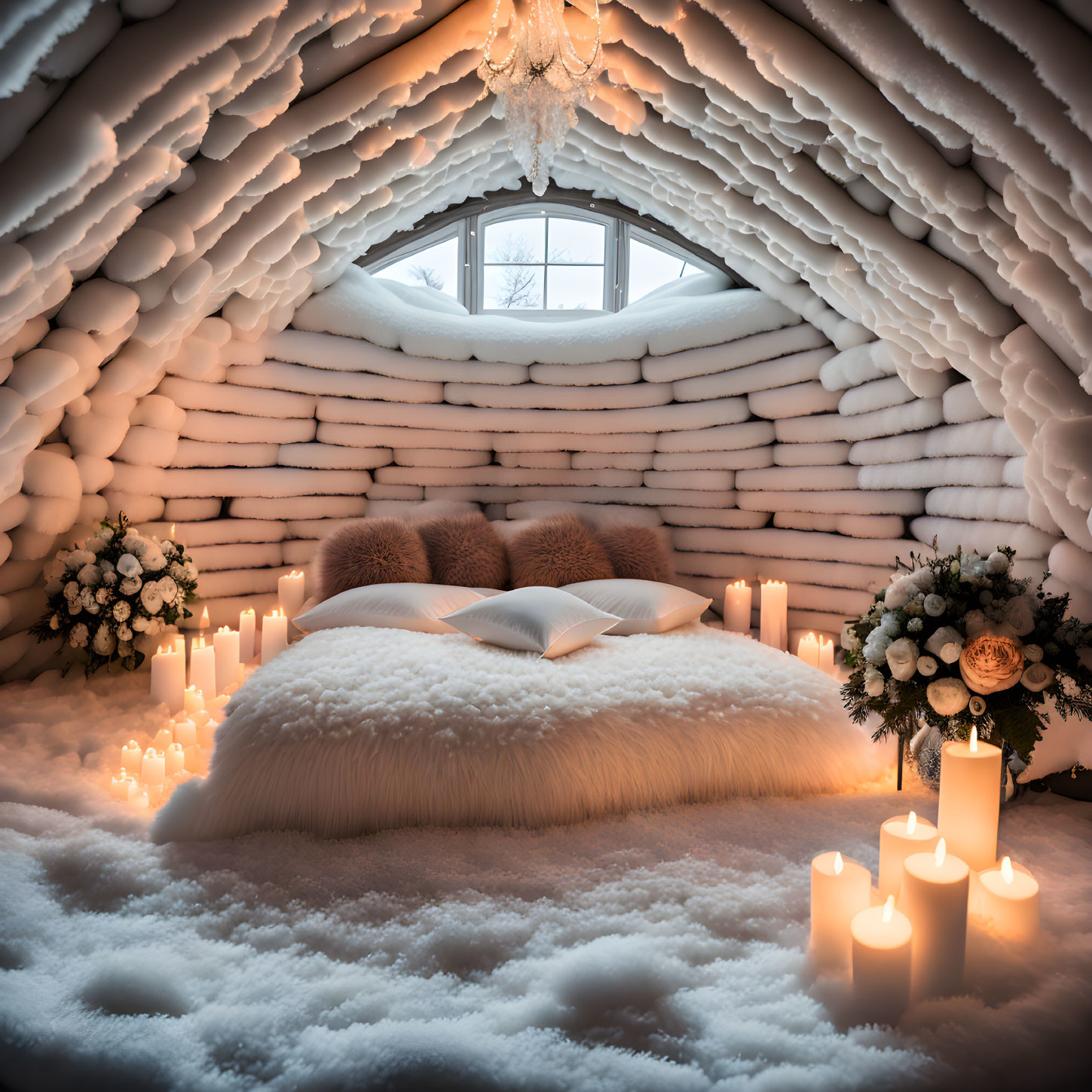 Snowy Bedroom Decor with Plush Bed and Candlelit Chandelier