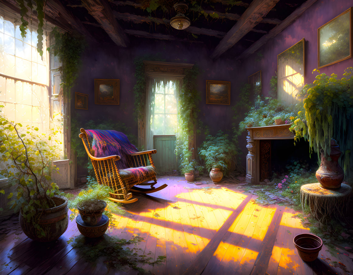 Sunlit Room with Rocking Chair, Plants, and Pictures