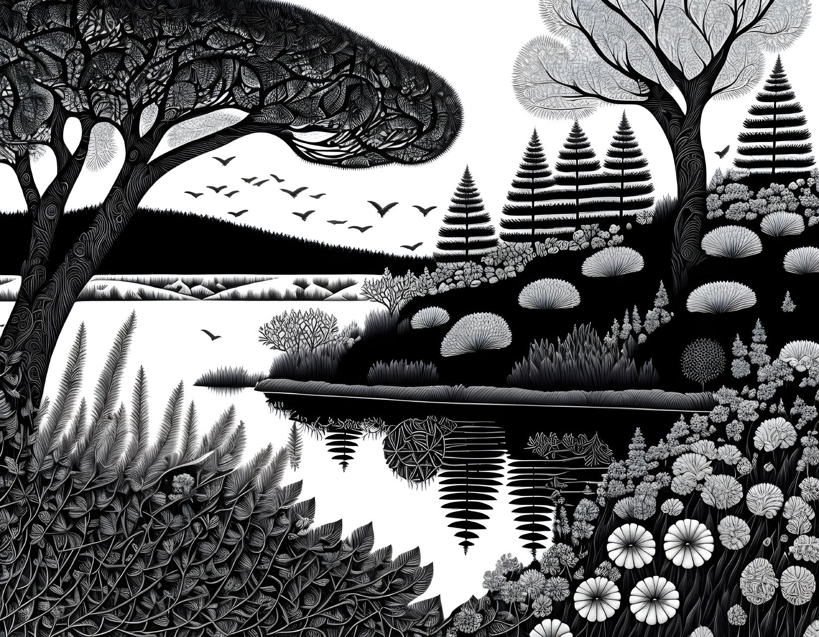 Detailed Monochrome Landscape Illustration with Trees, Plants, and Birds