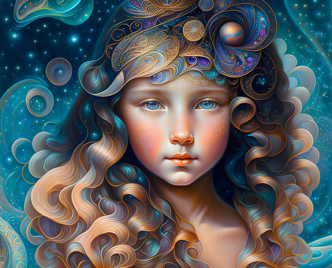 Surreal portrait featuring girl with ornate headwear and cosmic motifs