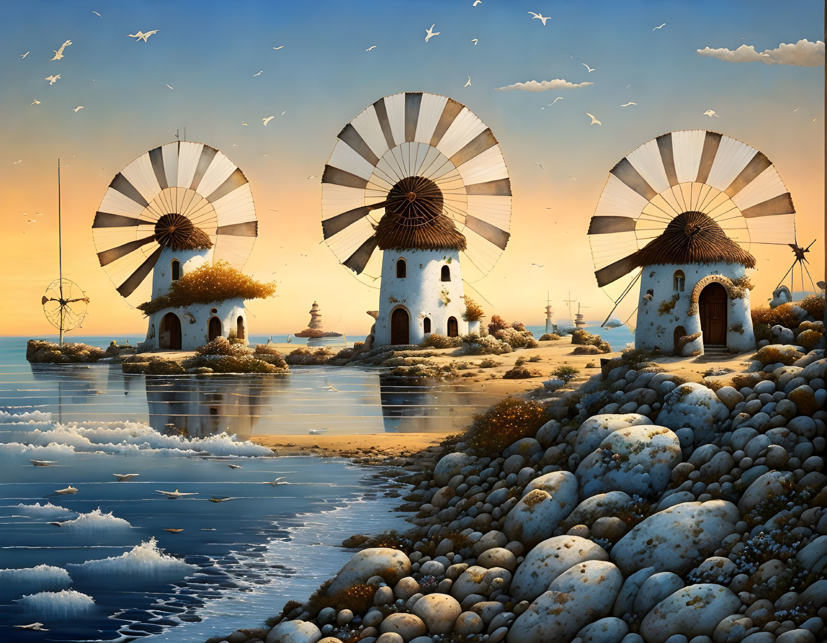 Traditional windmills on rocky islands at sunset by the sea