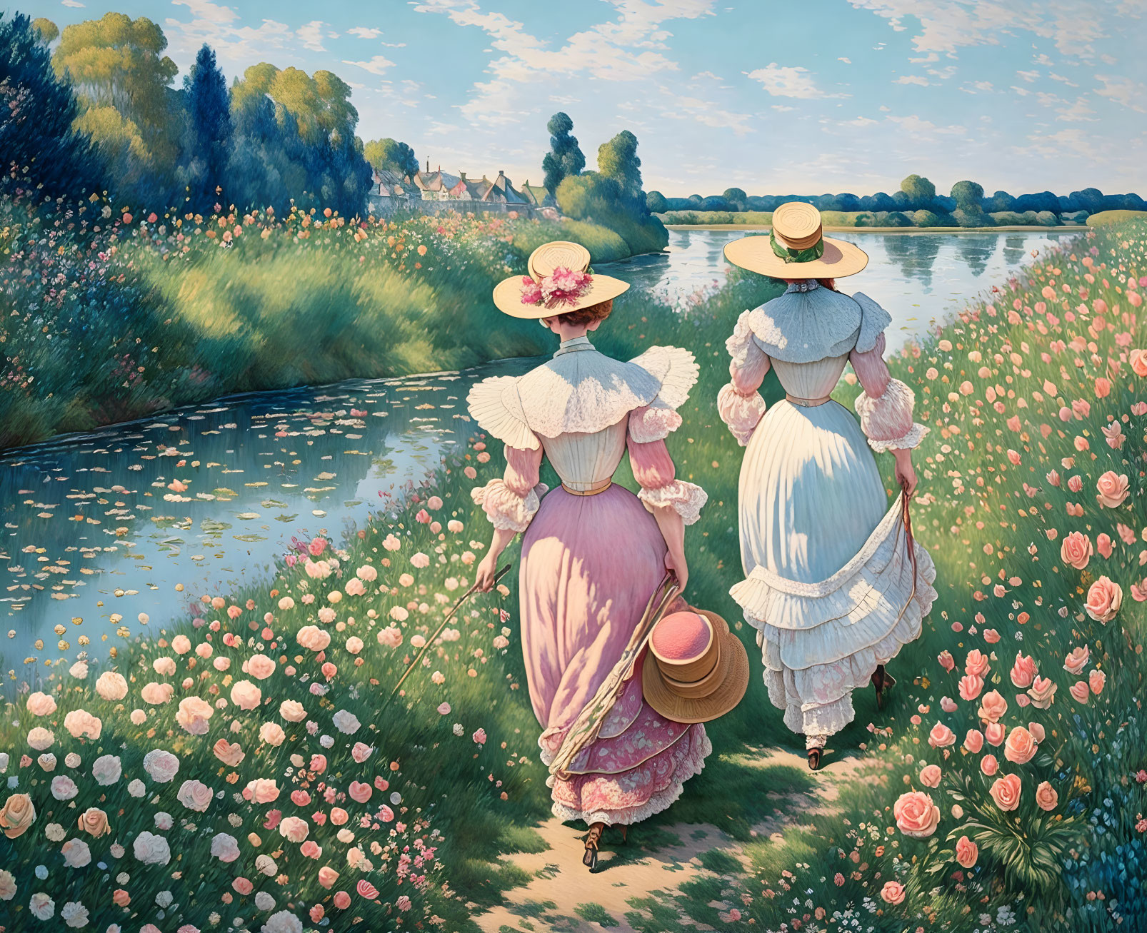 Victorian women in straw hats near river and roses village scenic view