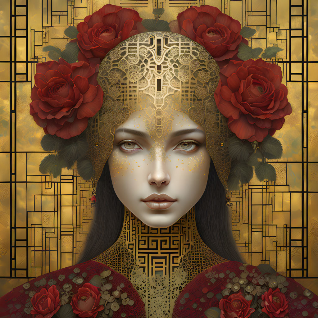 Portrait of Woman with Pale Skin, Golden Patterns, Dark Hair, and Red Roses on Geometric Background