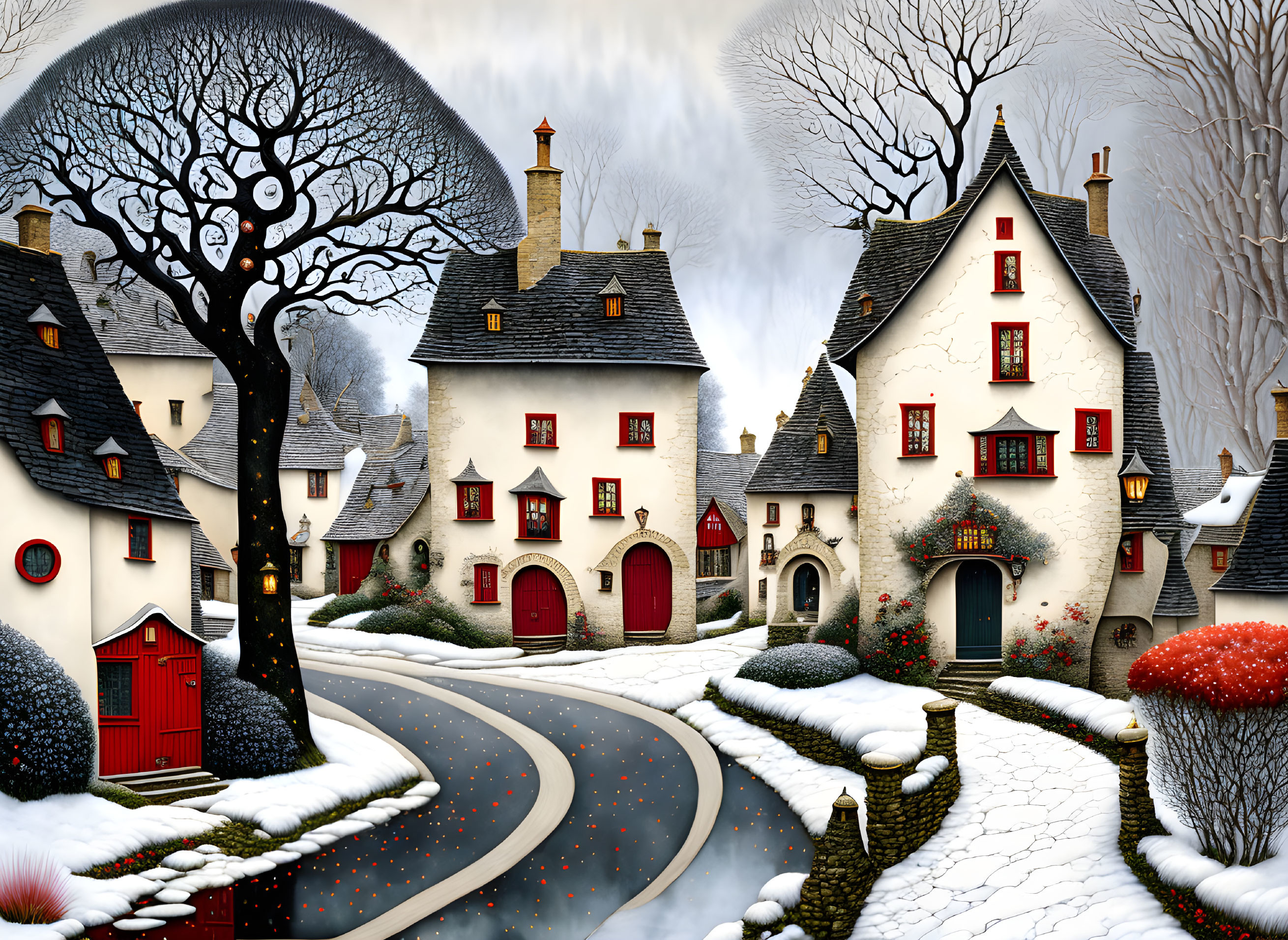 Snow-covered winter village with red accents and bare trees in serene landscape