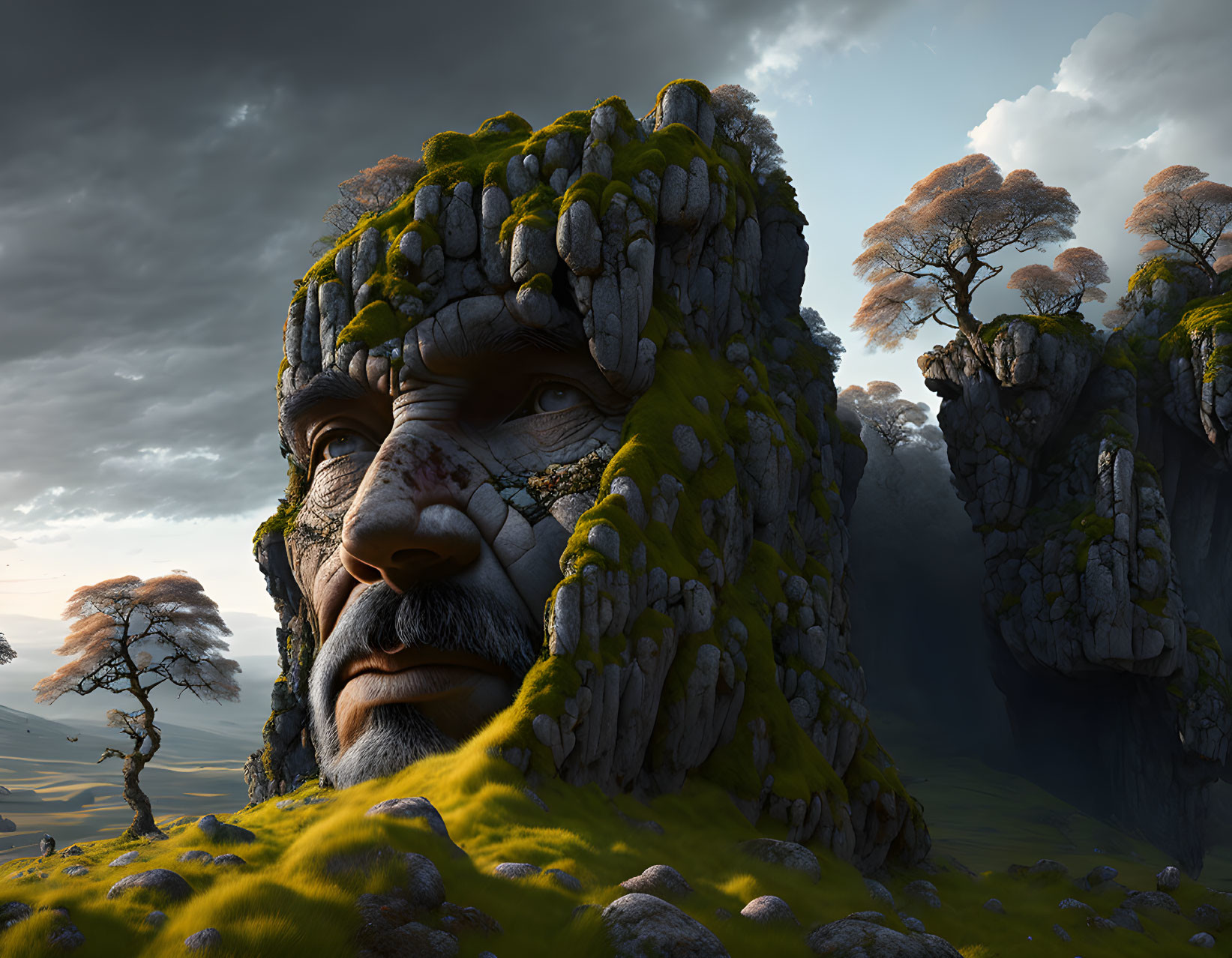 Surreal landscape with giant moss-covered stone face