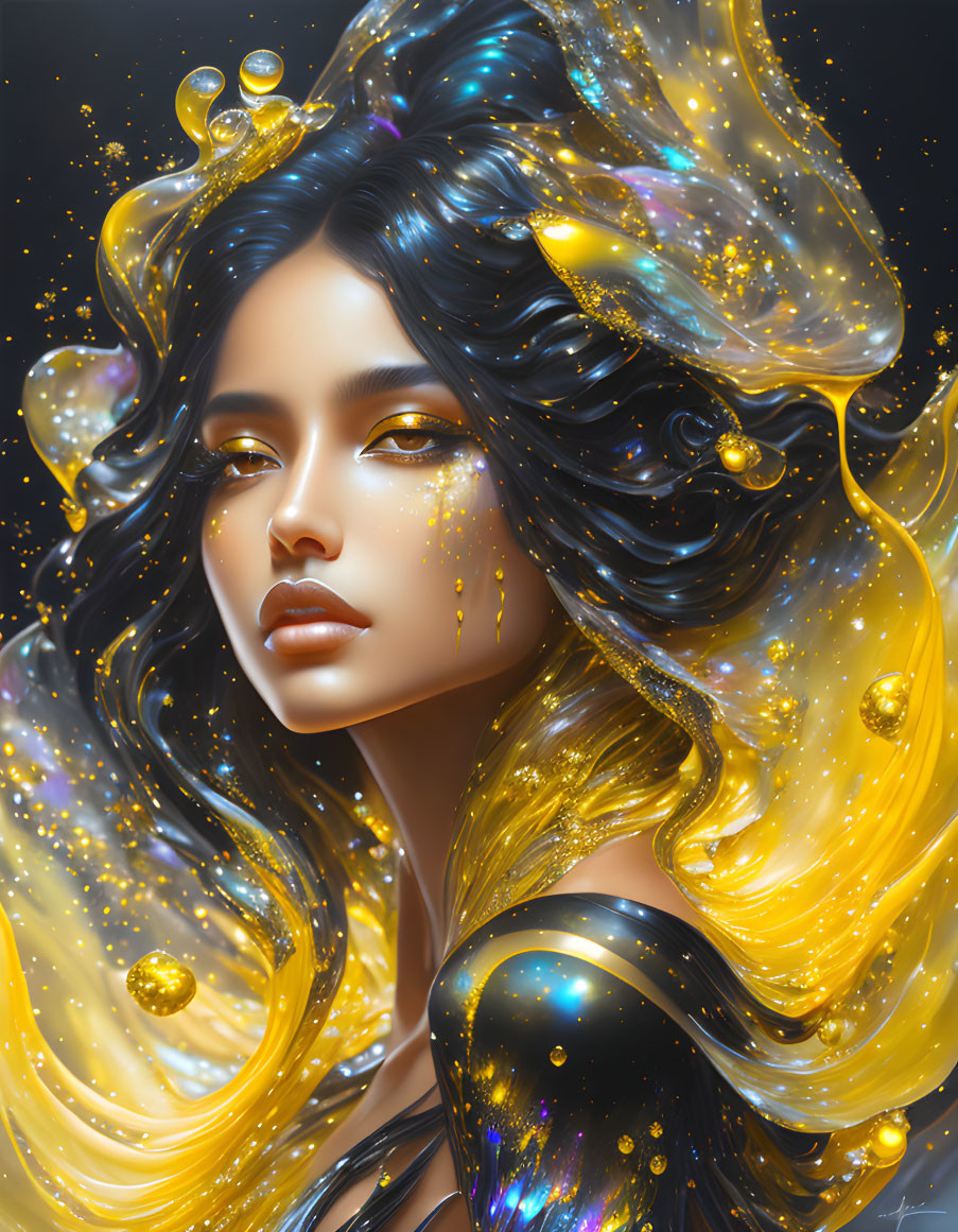 Digital art portrait of a woman with flowing hair adorned with golden glitter, stars, and cosmic motifs.