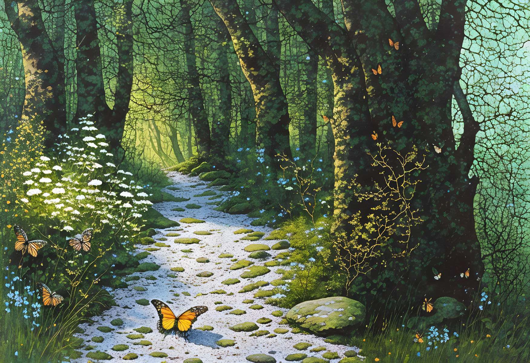 Tranquil forest path with stones, trees, sunlight, flowers, and butterflies