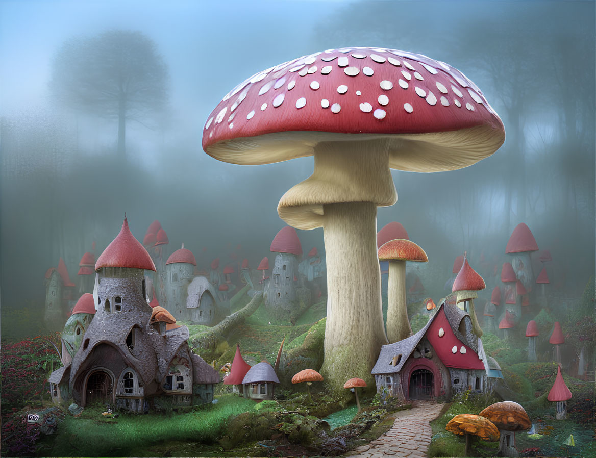 Colorful Mushroom Forest with Fairytale Houses in Foggy Setting