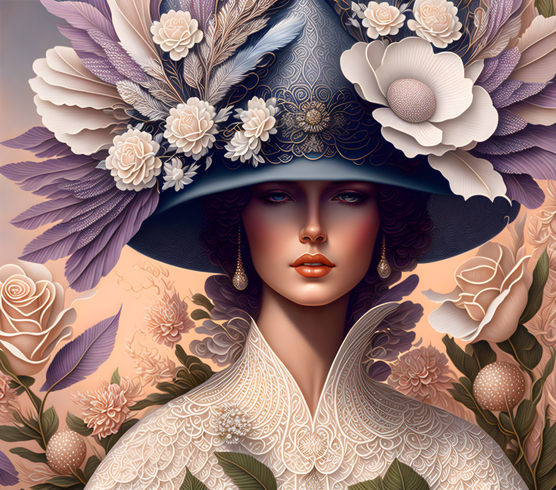 Illustrated portrait of woman with decorative hat and floral backdrop