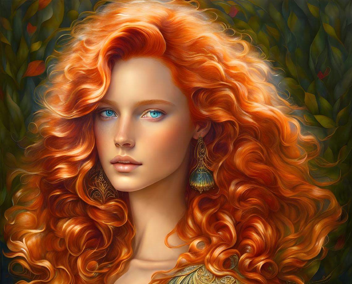 Vibrant red-haired woman with blue eyes and gold earrings in nature scene