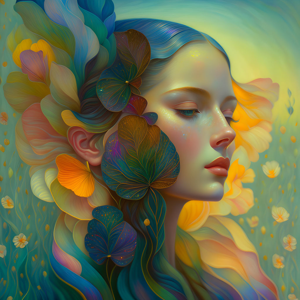 Vibrant surreal portrait of a woman with flowers and butterflies on warm backdrop