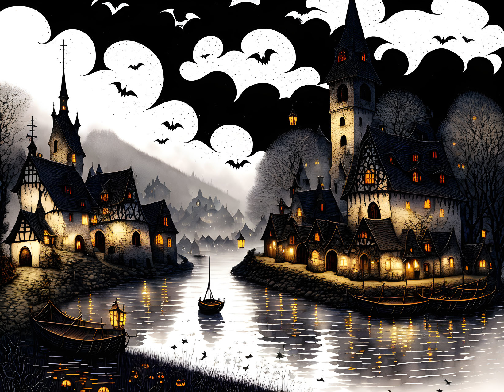 Gothic village night scene with bats, moonlit water, and lantern-lit shore