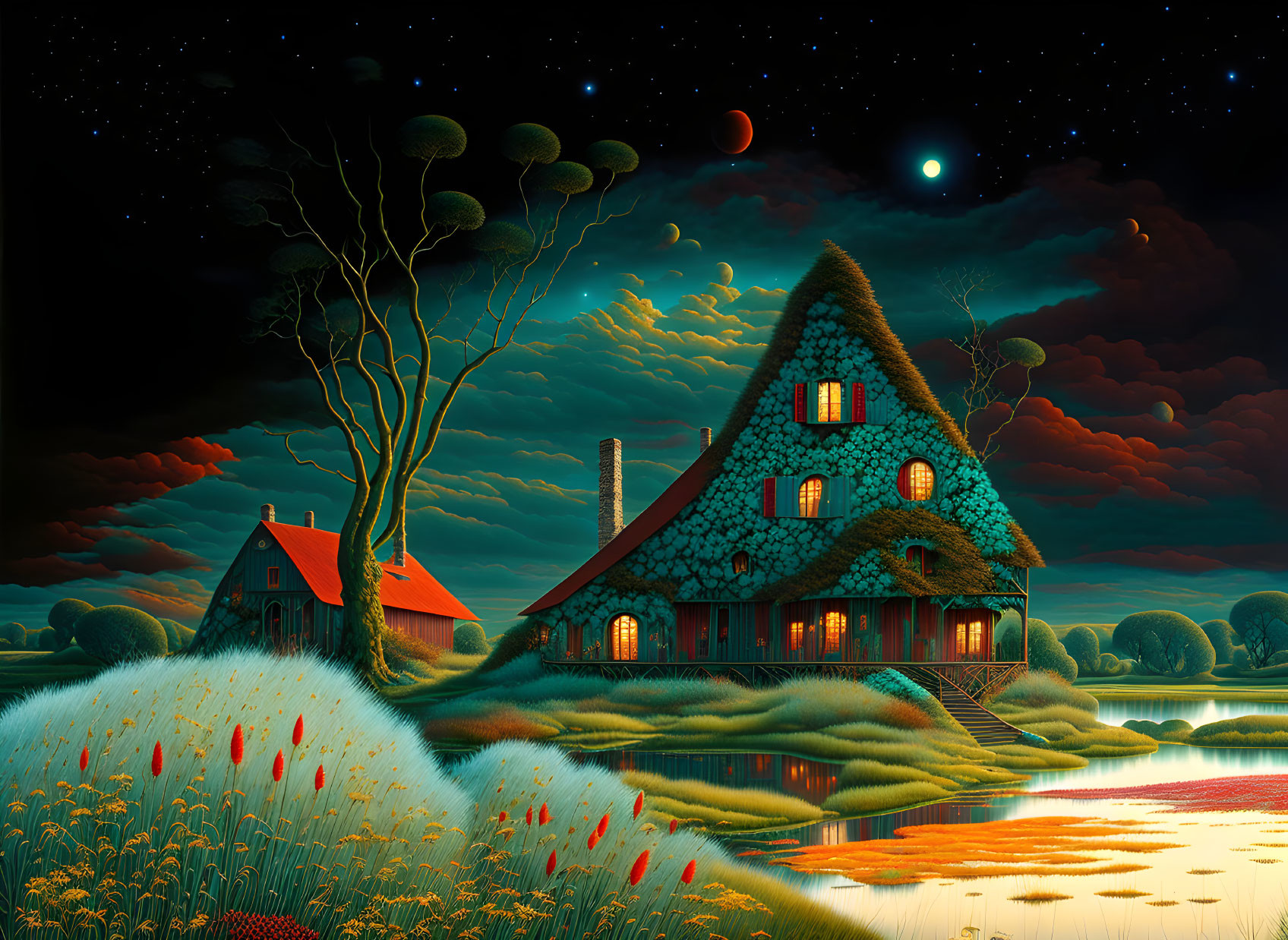 Thatched-Roof House by Lake: Nighttime Scene with Crescent Moon