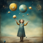 Young girl surrounded by floating planets on dreamy blue and gold backdrop