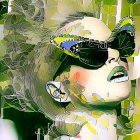 Colorful digital artwork: Woman with multicolored hair & round sunglasses