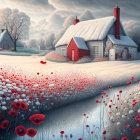 Traditional cottages in snowy landscape with red and white flowers, trees, and cloudy sky