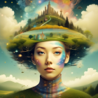 Woman's face merges with vibrant landscape in fantastical portrait