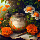 Bright orange flowers, ornate jar, antique pen, open book, lush green foliage