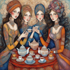 Stylized women with ornate clothing at a tea party