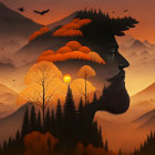 Surreal silhouette of man with mountain landscape at sunset