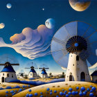 Surreal landscape with windmills, moons, planets, and rolling hills