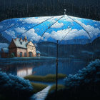 Illustrated scene: Large umbrella over day sky landscape, house under night sky rain