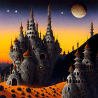 Fantastical night landscape with towers, two moons, and desert spheres