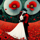 Illustration of couple embracing in poppy field under dotted sky