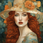 Illustrated portrait of woman with red lips and wide-brimmed hat, surrounded by stylized leaves