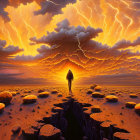 Person in apocalyptic landscape with orange clouds, lightning, and molten rocks.