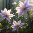 Purple Clematis Flowers in Misty Forest Setting