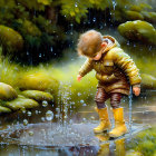 Toddler in yellow raincoat plays with bubbles in forested puddle.