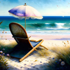 Tranquil Beach Scene with Wicker Chair and Parasol