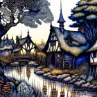 Colorful Fantasy Illustration: Thatched Cottages, Lake, Twilight Sky