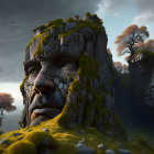 Surreal landscape with giant moss-covered stone face