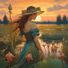 Woman with flowing hair and floral wreath in lotus-filled wetland at sunset