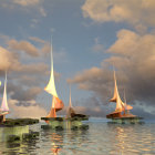 Golden sailing ships with large white sails on dramatic cloudy sky.